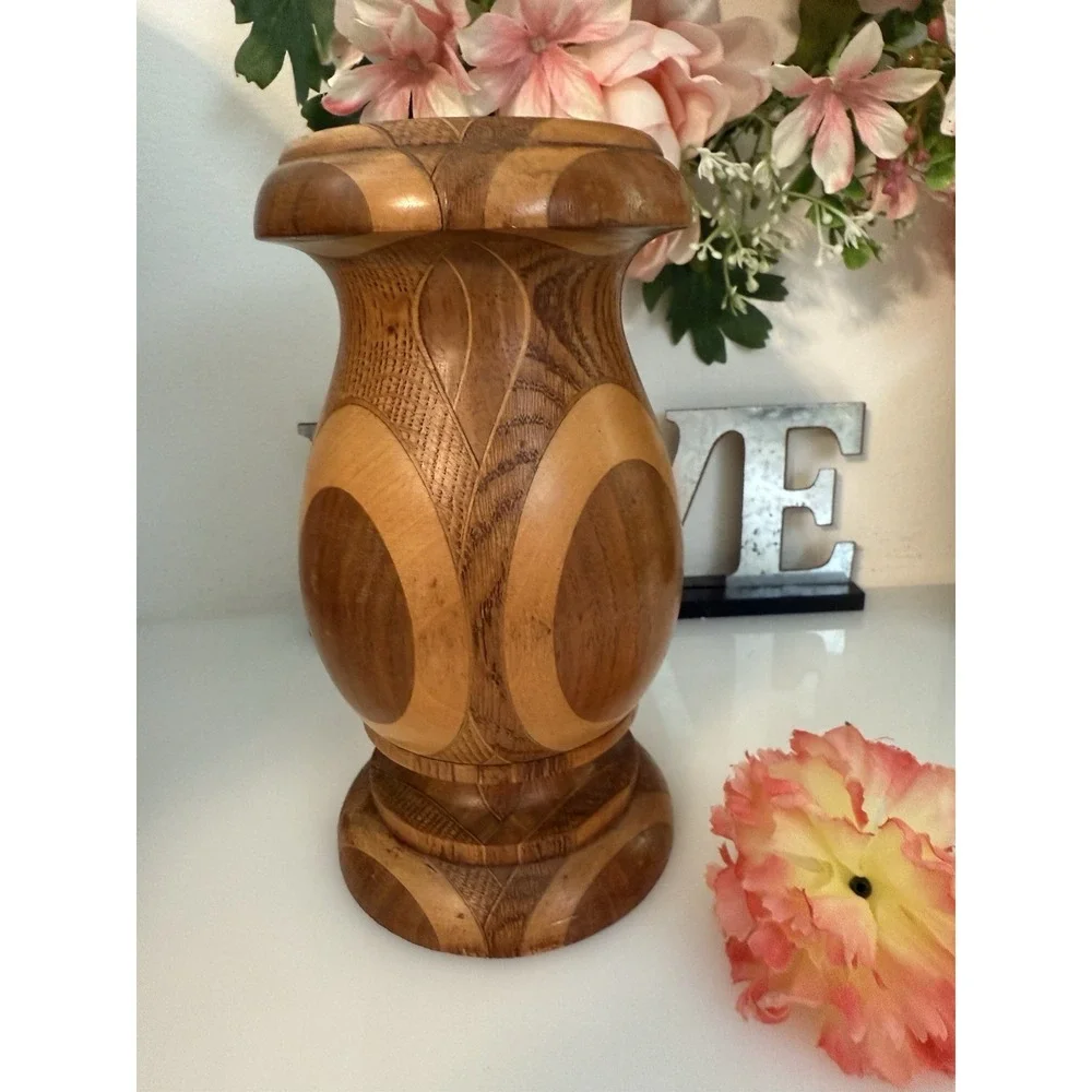 Hand Crafted Inlaid Lathe Turned Wood Vase or Candle Holder Hand Made 7.5